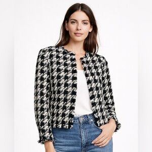 Joie Black & Ivory Tweed Cropped Jacket | Fringe Trim | Open Front | Size XS
